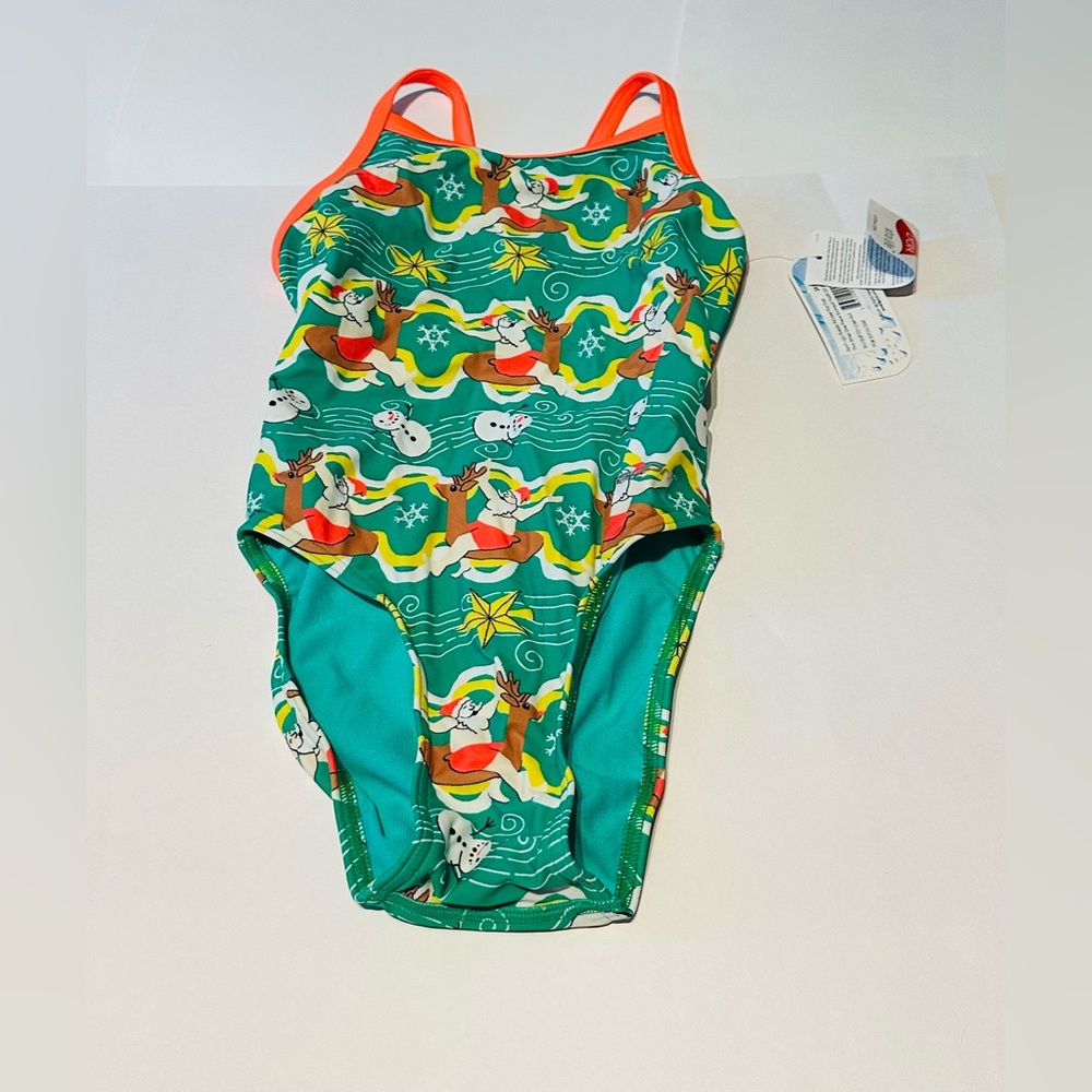 Sporti Christmas Ugly Sweater Reindeer Pool Float Thin Strap Swimsuit Size: 26Y